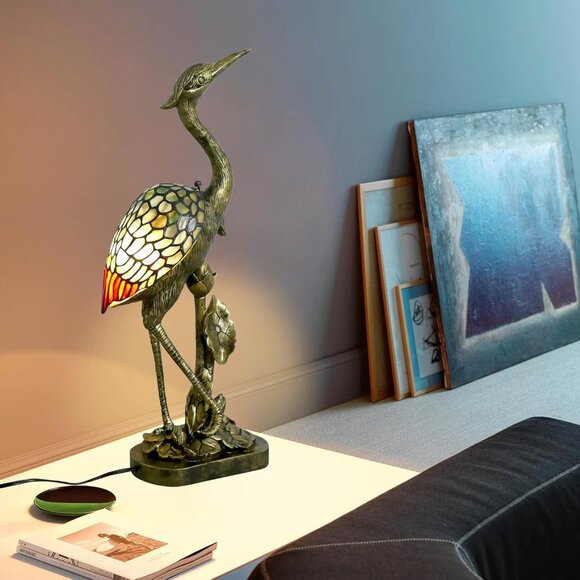 Tiffany Style Lamp Blue Stained Glass Crane Bird Style Table Lamp Color Changing - Picture 3 of 5